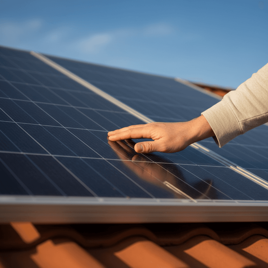Installer mounting a solar panel on a park pavilion