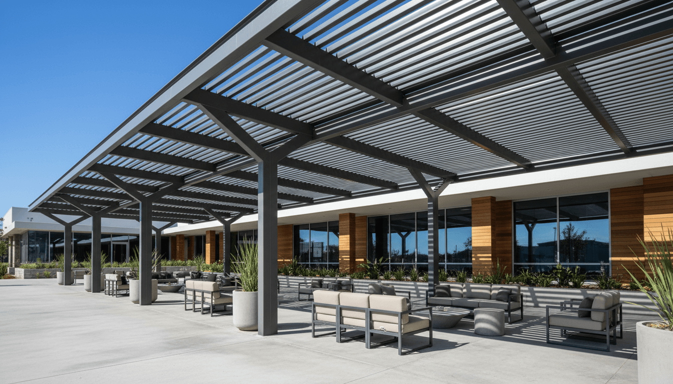 Solar canopy on a municipal building entrance
