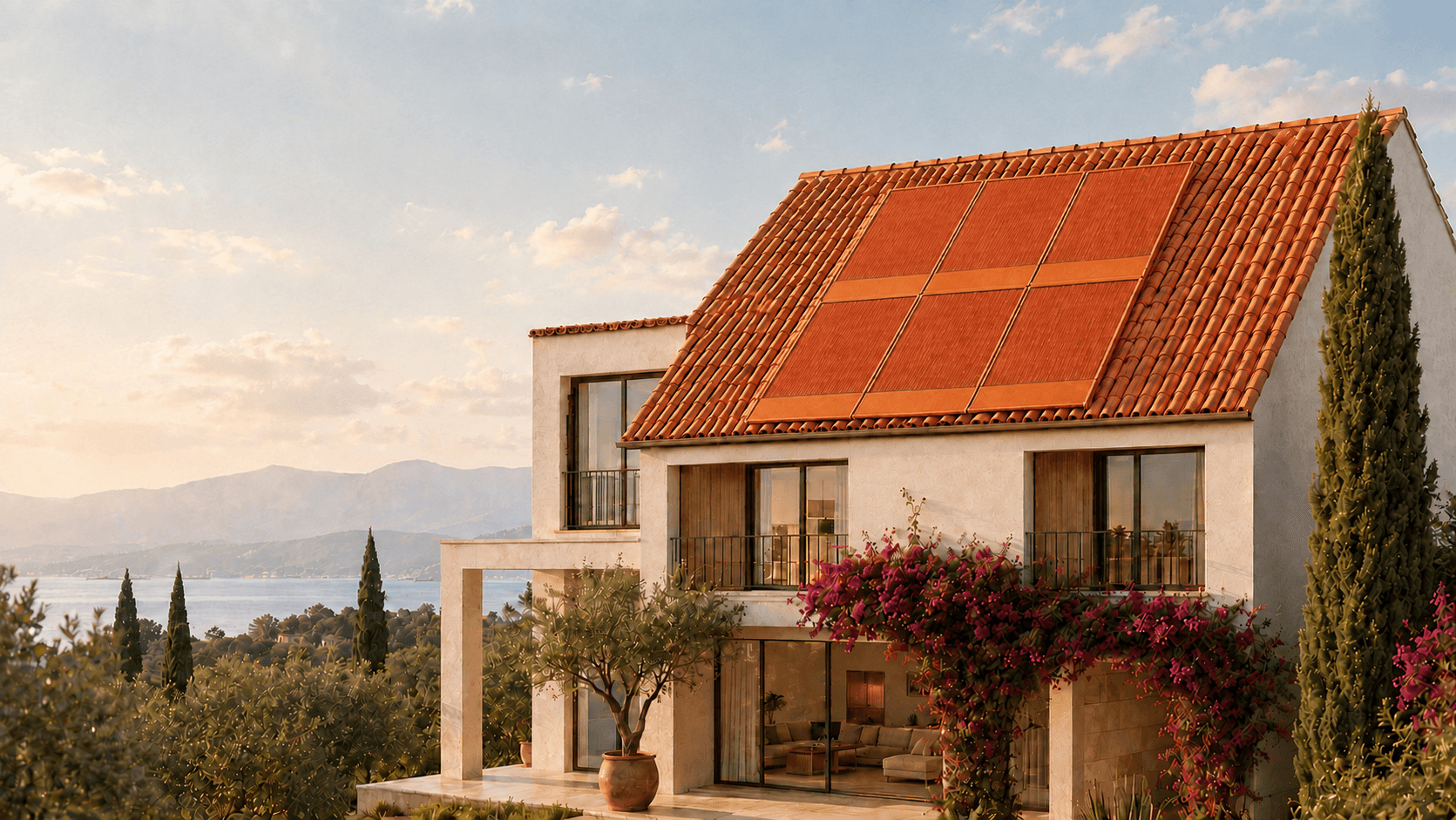 Modern Mediterranean villa with integrated solar panels on red-tiled roof overlooking scenic coastal mountains.